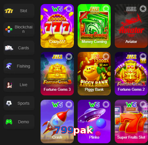 Main screen of 799Pak game page for PK players